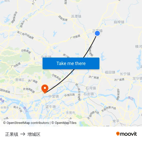 正果镇 to 增城区 map