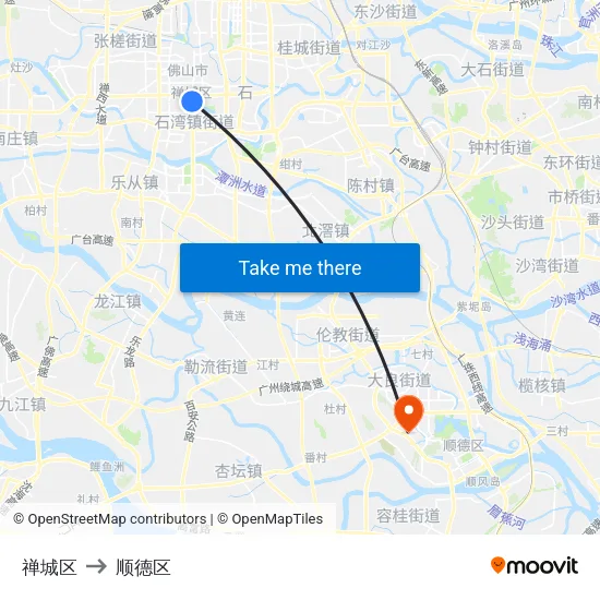 禅城区 to 顺德区 map