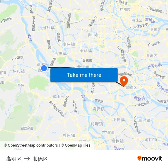 高明区 to 顺德区 map