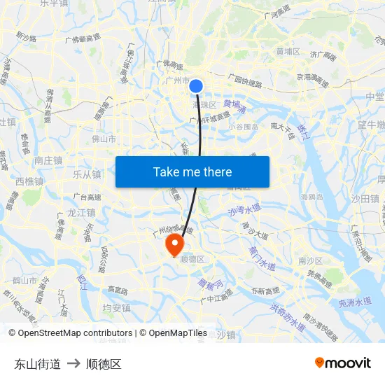 东山街道 to 顺德区 map