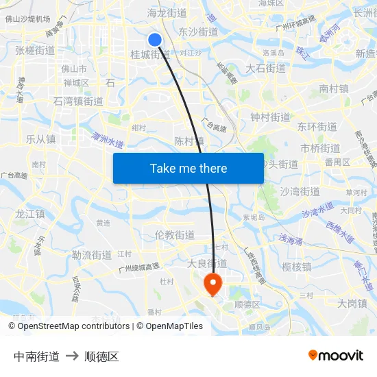 中南街道 to 顺德区 map