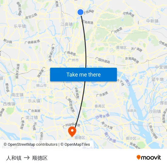 人和镇 to 顺德区 map