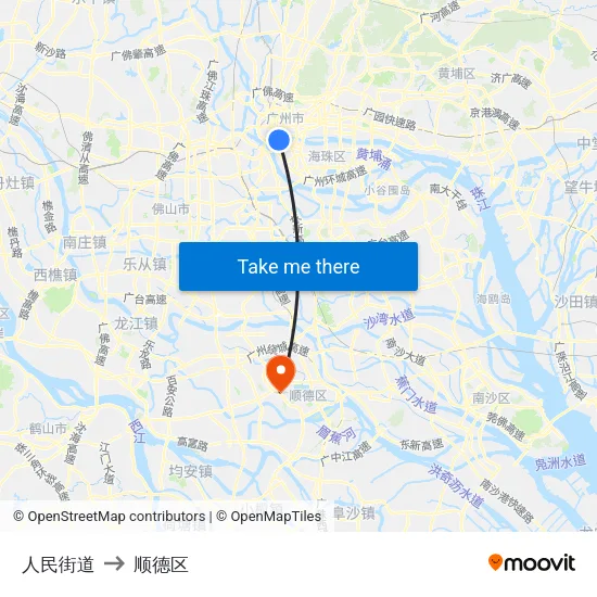 人民街道 to 顺德区 map
