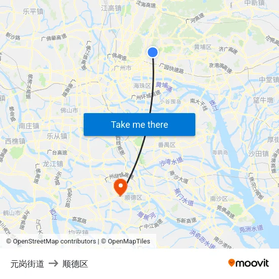 元岗街道 to 顺德区 map