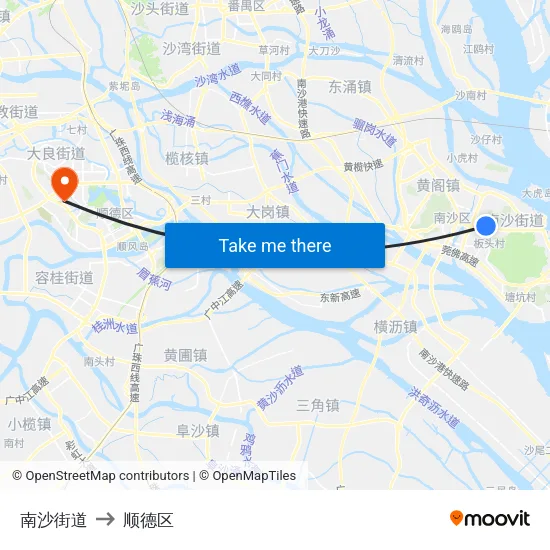 南沙街道 to 顺德区 map