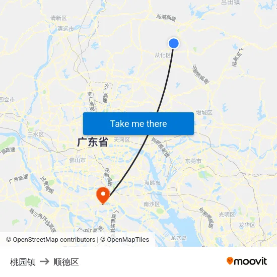 桃园镇 to 顺德区 map
