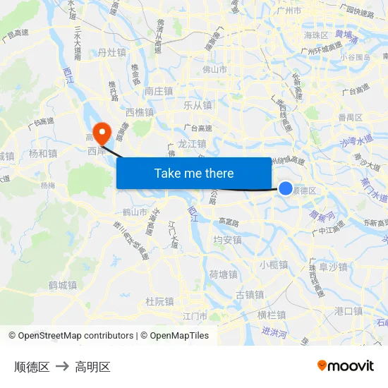 顺德区 to 高明区 map
