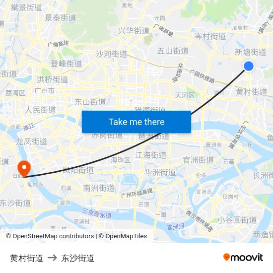 黄村街道 to 东沙街道 map
