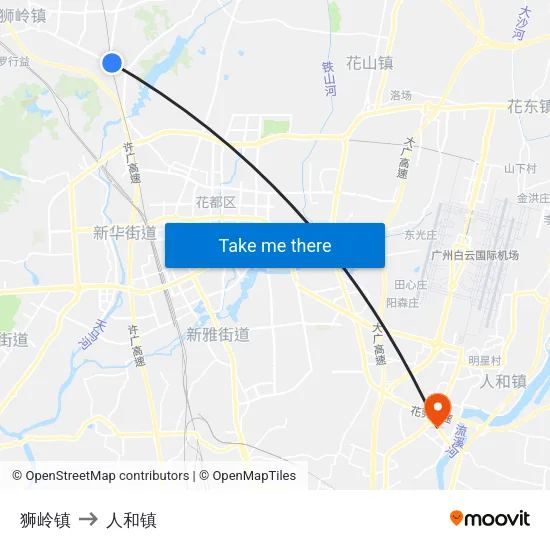狮岭镇 to 人和镇 map