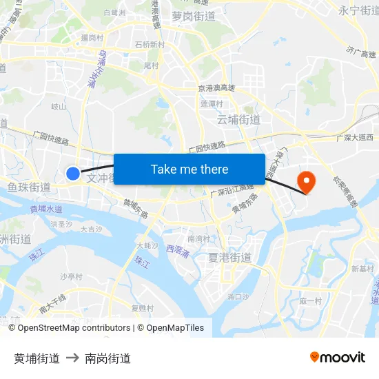 黄埔街道 to 南岗街道 map