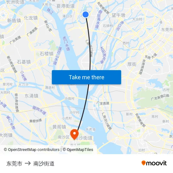 东莞市 to 南沙街道 map