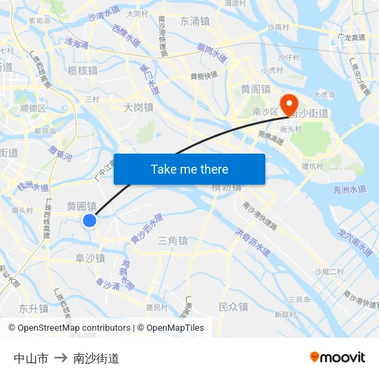 中山市 to 南沙街道 map