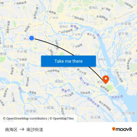 南海区 to 南沙街道 map