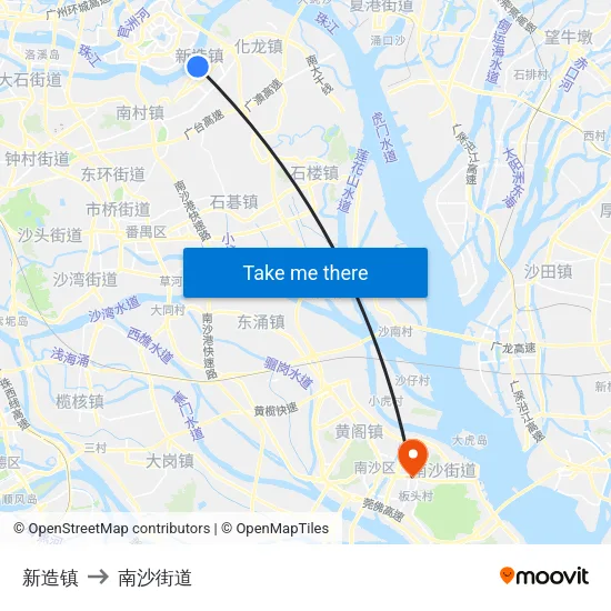 新造镇 to 南沙街道 map