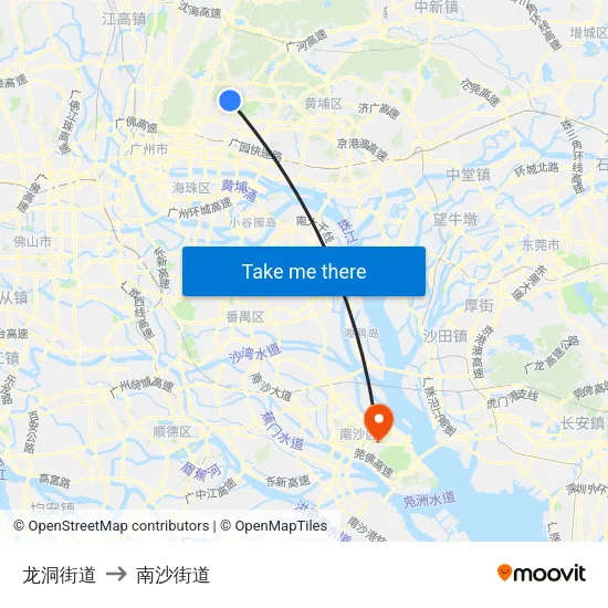 龙洞街道 to 南沙街道 map