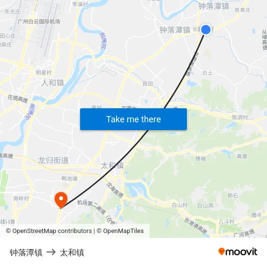 钟落潭镇 to 太和镇 map