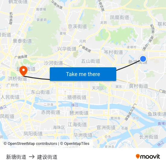 新塘街道 to 建设街道 map