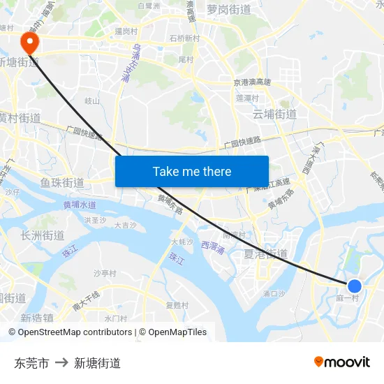 东莞市 to 新塘街道 map