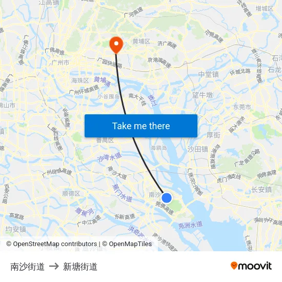 南沙街道 to 新塘街道 map