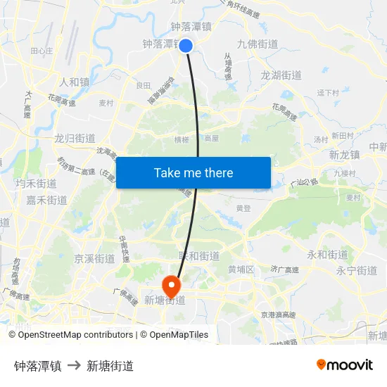 钟落潭镇 to 新塘街道 map