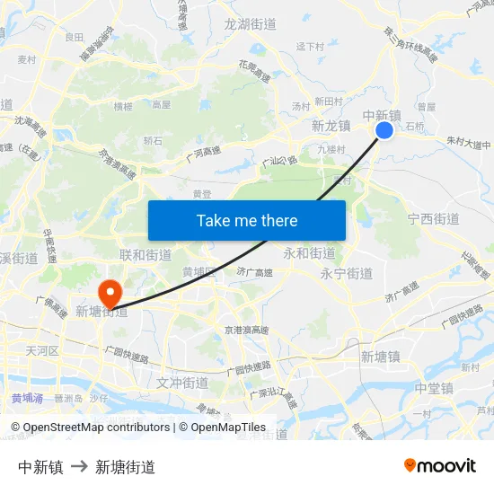 中新镇 to 新塘街道 map