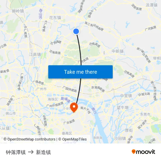 钟落潭镇 to 新造镇 map