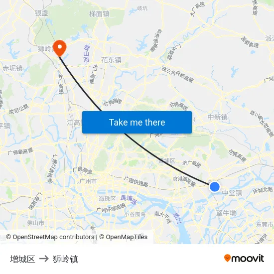 增城区 to 狮岭镇 map