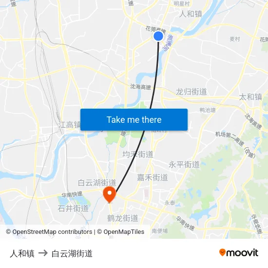 人和镇 to 白云湖街道 map