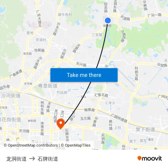 龙洞街道 to 石牌街道 map