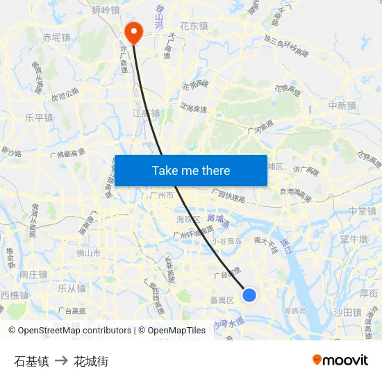 石基镇 to 花城街 map