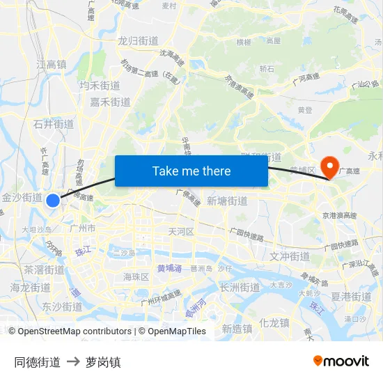 同德街道 to 萝岗镇 map