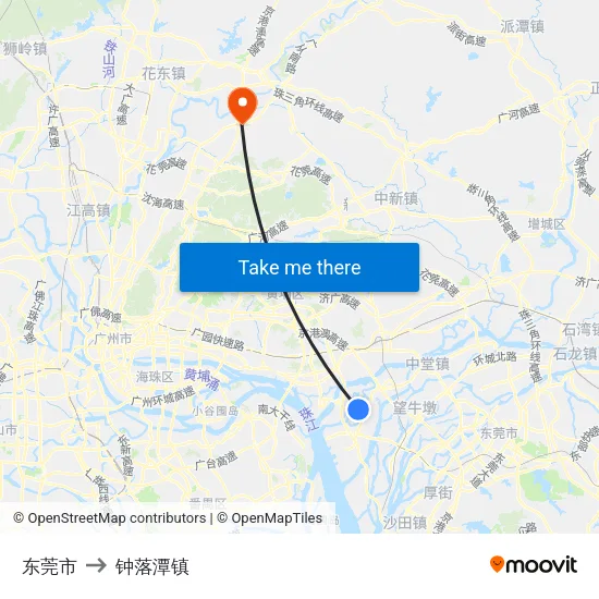 东莞市 to 钟落潭镇 map