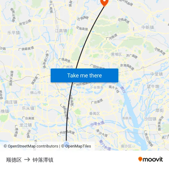 顺德区 to 钟落潭镇 map