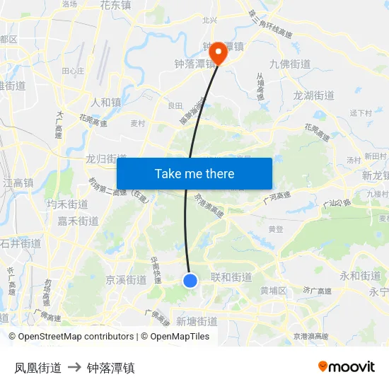 凤凰街道 to 钟落潭镇 map