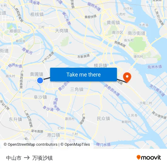 中山市 to 万顷沙镇 map