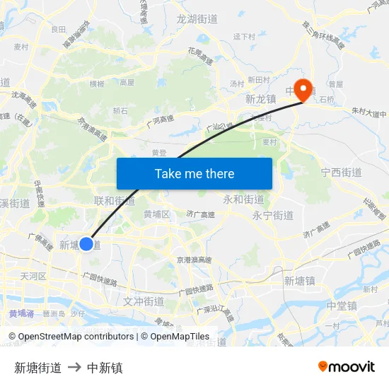 新塘街道 to 中新镇 map