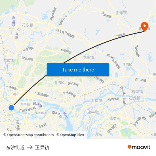 东沙街道 to 正果镇 map