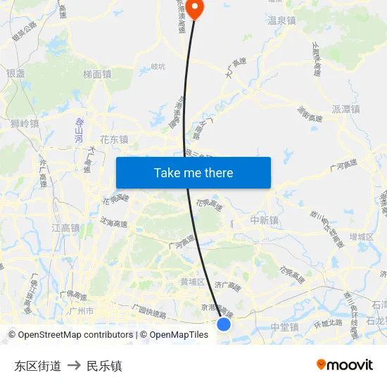 东区街道 to 民乐镇 map