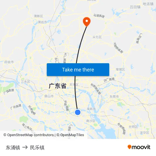 东涌镇 to 民乐镇 map