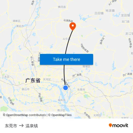 东莞市 to 温泉镇 map