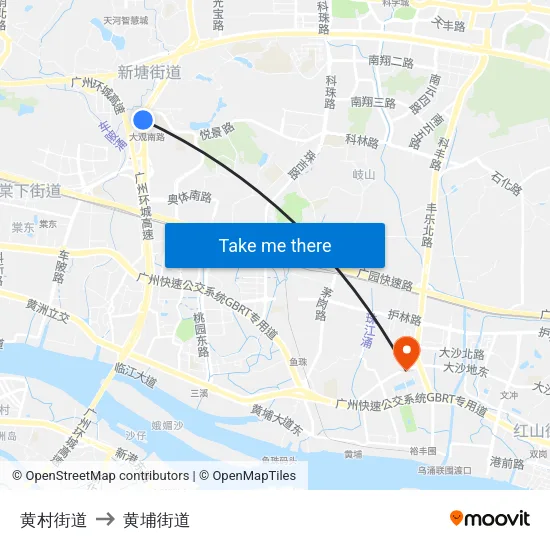 黄村街道 to 黄埔街道 map