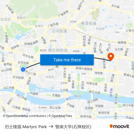 烈士陵园 Martyrs' Park to 暨南大学(石牌校区) map