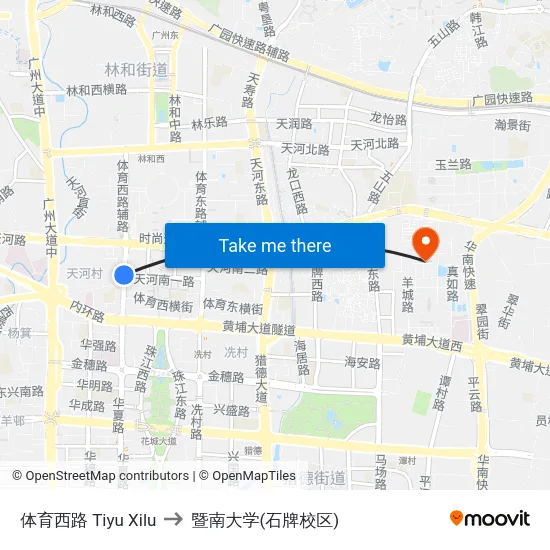 体育西路 Tiyu Xilu to 暨南大学(石牌校区) map