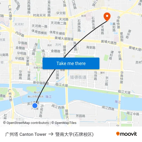 广州塔 Canton Tower to 暨南大学(石牌校区) map