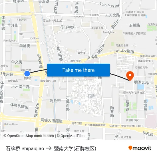 石牌桥 Shipaiqiao to 暨南大学(石牌校区) map