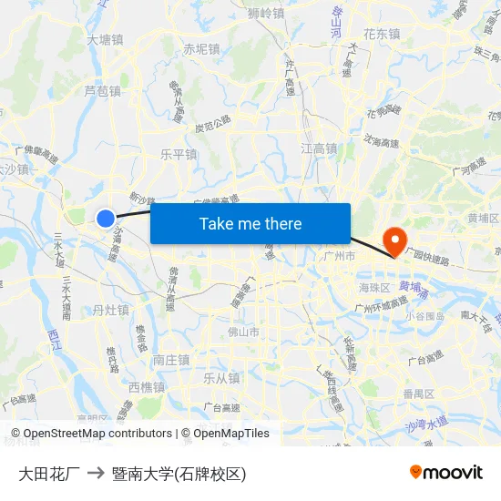 大田花厂 to 暨南大学(石牌校区) map