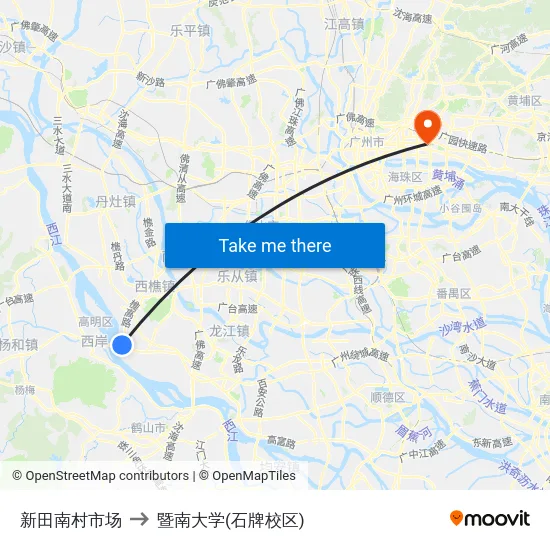 新田南村市场 to 暨南大学(石牌校区) map