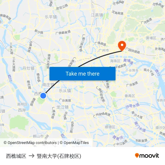 西樵城区 to 暨南大学(石牌校区) map