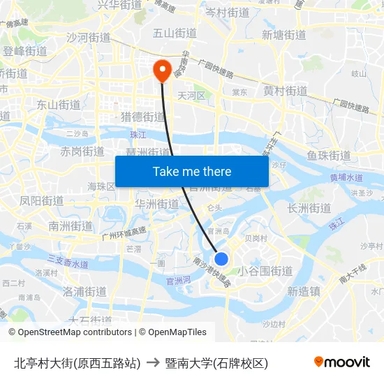 北亭村大街(原西五路站) to 暨南大学(石牌校区) map