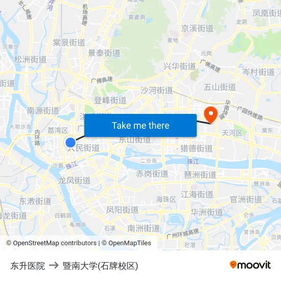 东升医院 to 暨南大学(石牌校区) map